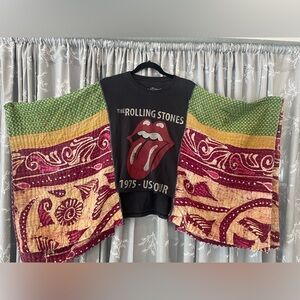 Rolling Stones Upcycled Tee with Kantha Sleeves Oversized Tunic Boho Poncho